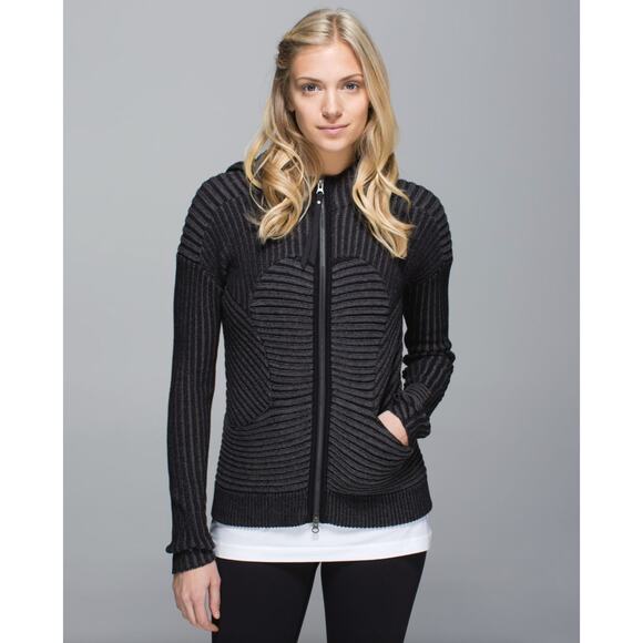 LULULEMON Embrace Hoodie Ribbed Knit Black Heathered Dark Grey Sz 4 {3J47} - Picture 1 of 7